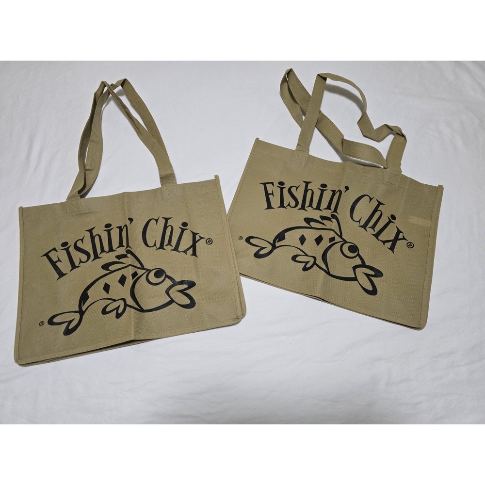 Two Fishin' Chix Tote Bag‎ Tan Lot Grocery Book Cool Unique School Medium/0397
